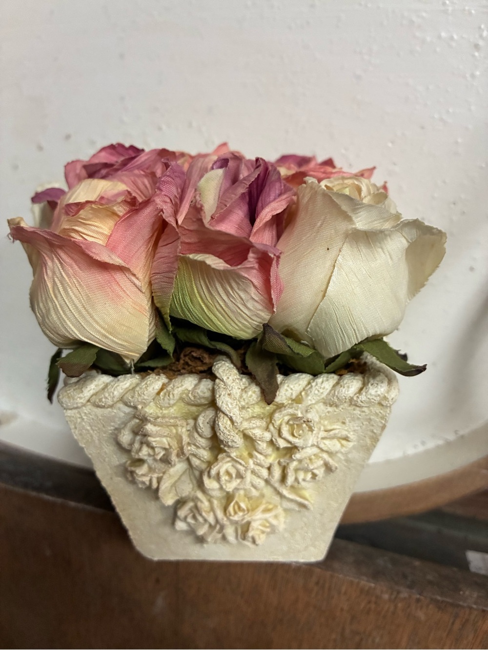Artificial Rose Arrangement in Cream and Pink Decorative Vase